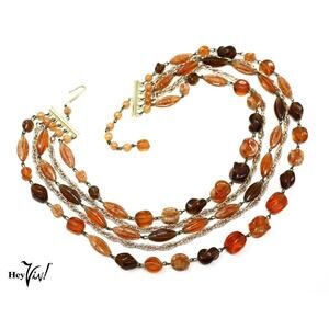 Vintage Germany Multi Strand Brown Orange Bead Necklace 18" Gold Chain - Hey Viv